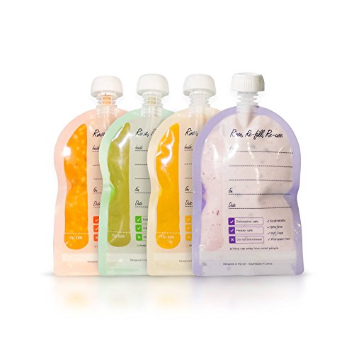 Mini Meals Quetschies 8er Pack + KOSTENLOSES REZEPTBUCH – Wiederverwendbare Quetschbeutel – BPA frei – leicht zu füllen & reinigen – geeignet für alle Kinder – ideal beim abstillen sowie für Bio-Lebensmittel, hausgemachte Babybreie, Yoghurt oder Smoothies - 4