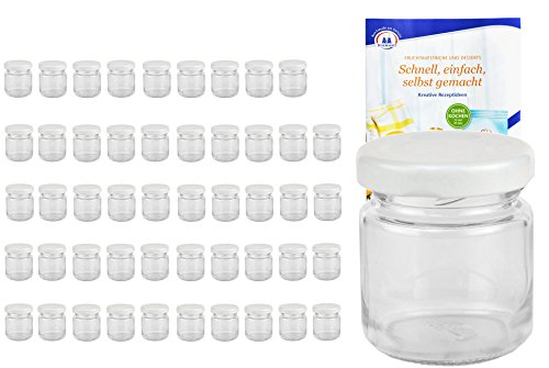 50er Set Rundgläser 53 ml Deckelfarbe weiß TO 43 inkl. Diamant Gelierzauber Rezeptheft, Einmachgläser, Einkochgläser, Vorratsgläser, Mini Sturzgläser, Obstgläser, Portionsgläser, Gläser