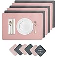 Placemats And Coaster Sets 6, Waterproof Non-Slip Place Mats Set Of 6 And Double Thickened Dining Table Mats, Washable Leather Coasters and Placemats for Dining Table (Pink dark gray)