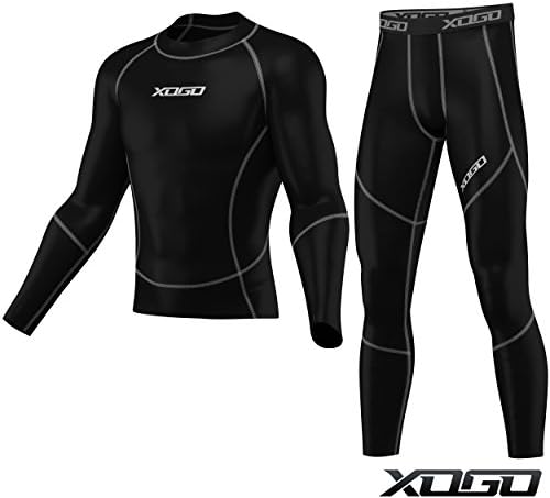 XOGO Mens Compression Armour Base layer Top Skin Fit Shirt + Leggings set (Black/Grey Set (Top + Bottom), Small)