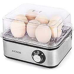 Aicook Cuiseur à Œufs Électrique, Cuits oeufs en Acier Inoxydable, 1 à 8 Œufs Cuits, Degré de Dureté Réglable, Œufs Doux Moyen et Dur, Arrêt Automatique avec Bip Sonore