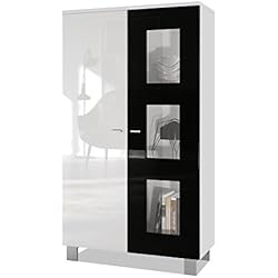 Vitrine Armoire Denjo, Corps en Blanc Mat/Façades en Blanc Haute Brillance et Noir Haute Brillance