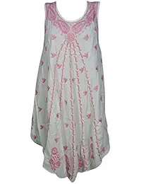 Indiatrendzs Women Sleeveless Kaftan Dresses Cotton Hand Embroidered Poncho Tank Dress Large