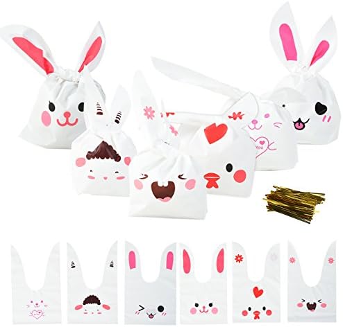 120PCS Bunny Shape Treat Bags Candy Bags Cookie Bags in 6 Pattern with 120 Pcs Gold Twist Ties for Chocolate,Candy,Gift,Wedding Cookie Storage