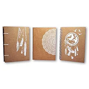 PaperTales Brown Paper Designer Art Journal Diary - Sketchbook | Scrapbook | Travel Journal | Vintage Diary | Slam Book | Drawing Book | Craft Diary With Feather & Mandala Cover Designs, Set of 3, Size 5in X 7in
