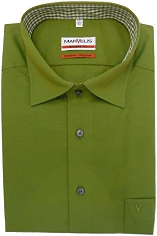 Marvelis Mens Slim Modern Fit Non Iron Pure Cotton Long Sleeve Shirt Olive Contrast Spread Collar 46/18"