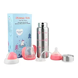Chinmay Kids Stainless Steel Multifunctional 3 in 1 Thermosteel Milk Feeding Bottle for New-Born/Toddler with Straw Sipper and Nipple | BPA Free | 240 ml Capacity ( Pink )