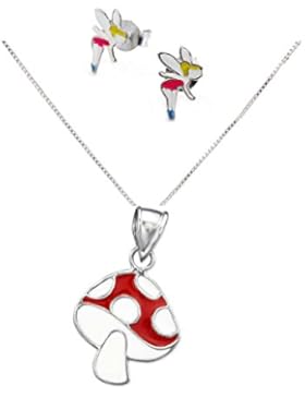 SL-Silver Set Kette Kinder Ohrringe Anhänger Elfe und Pilz 925 Silber in Geschenkbox