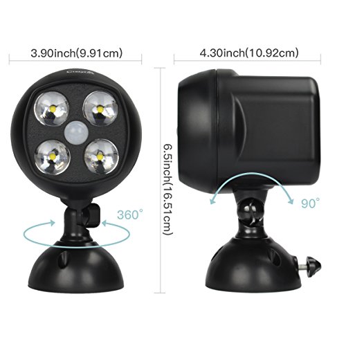 CrazyFire Wireless 600 Lumen Spotlight,4 LED Battery Operated Security Light,IP65 Waterproof PIR Motion Sensor Outdoor Indoor Wall Light Lamp for Home Garage Patio Entrance Garden Yard (Black)