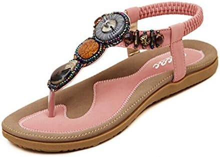 Zicac Women's Round Peep Clip Toe Bead Elastic T-Strap Bohemia Roman Sandals Summer Beach Post Sandals Flip Flops Flat Shoes Thongs - Pink - 6 UK