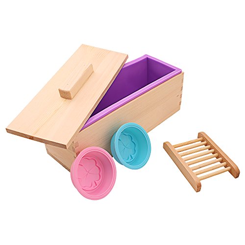 TTLIFE DIY Seifen Silikonform Set (4 Stück) mit einem zusätzlichen Seifenhalter - rechteckige Silikonform mit Holzkiste, plus 2 kleine Formen mit Lucky Clover Bild - best Schimmel zum Seifensieden.