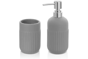 Inbagno Set Accessori Bagno da appoggio 2 Pezzi, Dispenser Sapone e Bicchiere portaspazzolini, in Ceramica Colore Grigio, Linea Cup