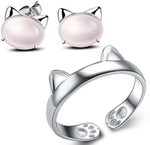 Cute Kitten Cat Ring Set Silver Plated Finger Adjustable Ring Opal Cat Earring for Women