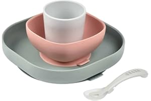 Béaba Baby Meal Set, with Suction Pad, Non-Slip, Silicone Compartment Plate + Spoon, Healthy and Durable, Dishwasher Proof, Microwave, Freezer, Easy to Clean, Night Blue, 913507