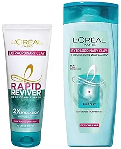 LOreal Paris Deep Conditioner, Rebalancing & Hydrating, For Oily Roots & Dry Ends, Extraordinary Clay Rapid Reviver, 180ml & LOreal Paris Extraordinary Clay Shampoo, 192.5ml