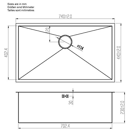 XL groß Handgefertigtes Nullradius eckiges Küchen Spülbecken für den Unterbau. Gebürstete Edelstahl Unterbauspüle (DS008) - 3