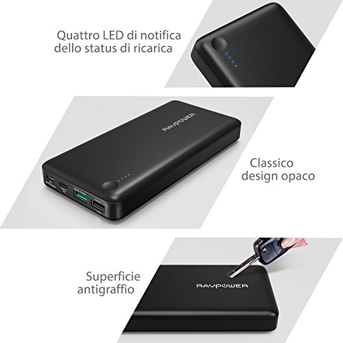 Quick Charge 3.0 Caricatore Portatile 20100mAh Type C RAVPower Caricabatterie [Qualcomm Certificato] Quick Charge 3.0 Porta USB-C / Type-C Per iPhone, Samsung, ASUS, LG, HTC, Nintendo Switch, ecc