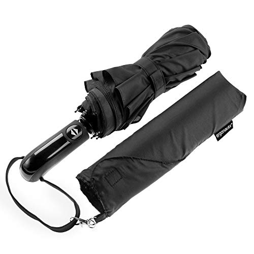 Ergonauts Windproof Vented Double Canopy Travel Umbrella - Teflon Coating, Ergonomic Handle & Protective Sleeve - Portable Compact Foldable Lightweight Design and High Wind Resistance (Classic Black)