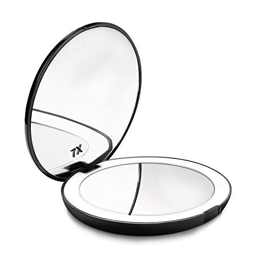 Jhua - Specchietto da viaggio compatto illuminato da 10 luci a LED, specchietto cosmetico portatile con ingrandimento 7X e specchietto nero da borsetta illuminato con ingrandimento 1X.