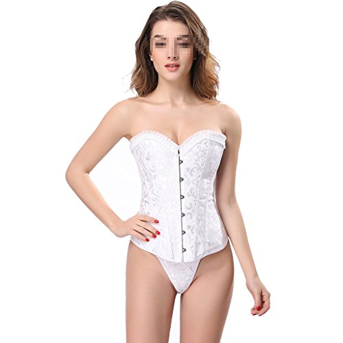 Zyxf Sexy lingerie, elastic fabric corset， Women's Plus Size Bridal Lingerie Lace up Satin Corset + G-string (Color : White, Size : M)