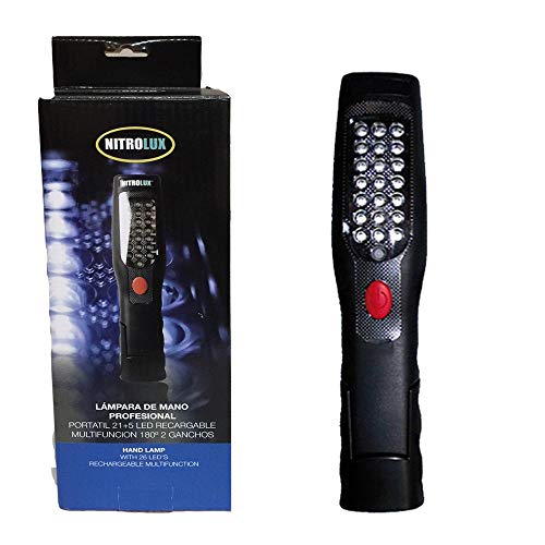 LÁMPARA DE MANO PROFESIONAL PORTATIL 21+5 LED RECARGABLE MULTIFUNCIÓN 180º 2 GANCHOS HAND LAMP 26 LED'S