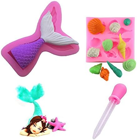 Mermaid Candy Molds with Dropper Mermaid Tail Sea Shell Suger, Chocolate Fondant Molds (Mermaid)