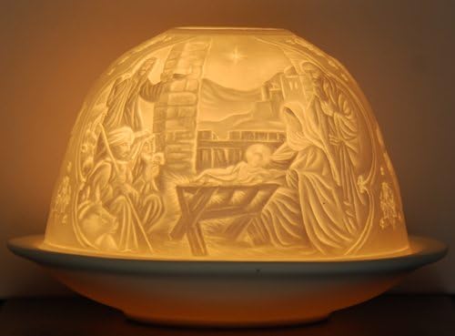 Porcelain Tealight Holder with Christmas Manger Nativity Scene, Fragrant Tealight, Organza Bag