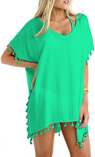 GDKEY Women Chiffon Tassel Swimsuit Bikini Stylish Beach Cover up (Size B-EU,Turquoise)