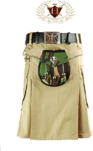 Cotton Khaki Traditional Military Style Mens Scottish Highland Utility Kilt, 48