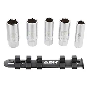 Abn 3/8 Inch Drive SAE and Metric Spark Plug Socket Set 6 Pt Spark Plug Tool Set with Rubber Rings and Socket Rail, 5pc