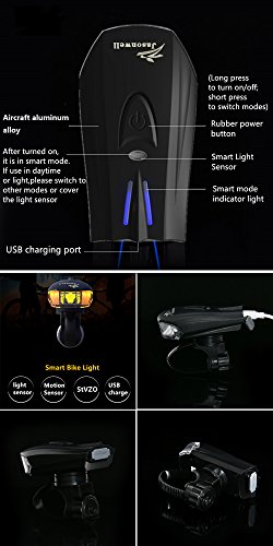 Jasonwell Superhelle, smarte, strapazierfähige Fahrradlampe aus Aluminiumlegierung, per USB aufladbar, LED-Fahrrad-Kopflampe, GRATIS per USB aufladbares RÜCKLICHT inklusive, 400 Lumen LED-Fahrradlicht - 2
