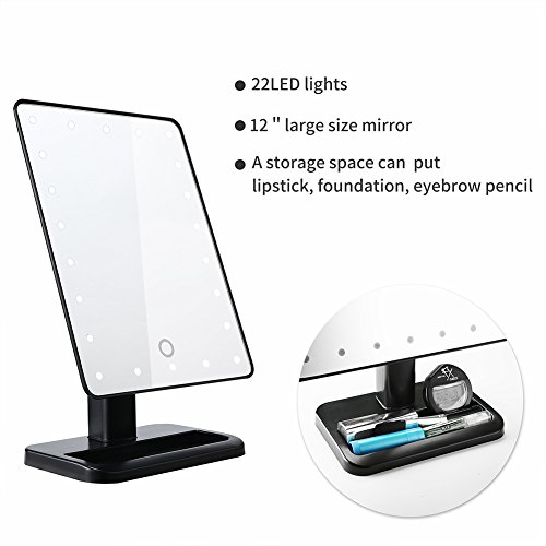 TFCFL Touchscreen LED Make-up Spiegel mit Lichter, 22 LED beleuchtete Vanity Kosmetik Spiegel mit abnehmbaren 10x Vergrößerungsspiegel für Tischplatte, Badezimmer, Schlafzimmer, Reisen, Rasieren, Schwarz - 3