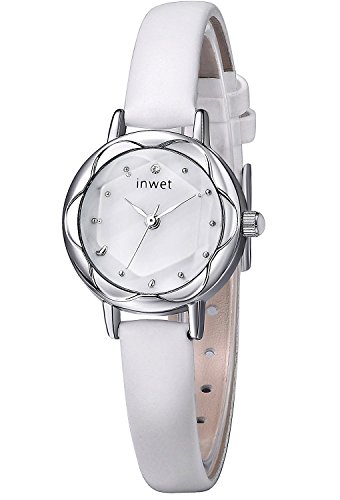 INWET Damen Armbanduhr mit Perlmutt Zifferblatt Analoge Anzeigen und Weiß Leder Armband