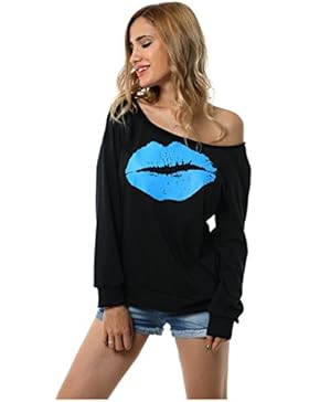 Beaii Damen weg von der Schulter Slouchy Sweatshirt Pulli Pullover Lippen Druck Langarm Oberteile Top Blusen