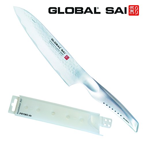 GLOBAL SAI-01 Kochmesser 19 cm geschmiedet mit Hammerschlagdesign inkl. PRYMO.de® Klingenschutz