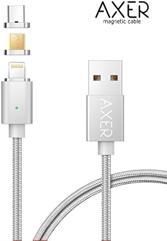 Magnetic Charger Cable AXER USB to Lightning+Type-C+Micro USB 3 in 1 Multiple 2.4A Quick USB Charging Cable for Android &amp; iPhone X 8 7 6 6s 5s plus iPad Samsung Galaxy S6 S7 S8 plus Lg G5 (Silver)