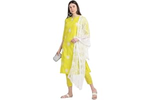 ANNI DESIGNER Women's Ruby Cotton Straight Embroidery Kurti with Pant & Dupatta Set (White-Show)