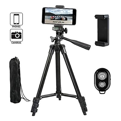 Dezuo 115cm Aluminium Trépied pour Appareil photo, Caméra, Smartphone, iphone inclut le Support de Téléphone mobile Universel et la Télécommande Bluetooth pour Vidéo et Photo