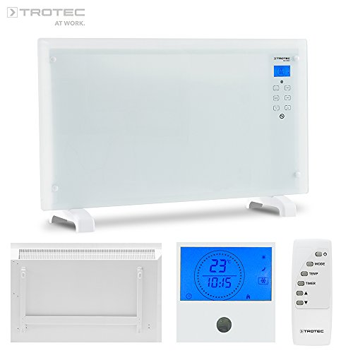 TROTEC Design-Glaskonvektor TCH 2000 E mit Frostwächter-Funktion (2000 Watt, 2 Heizstufen, Automatikbetrieb, Überhitzungsschutz, LCD-Display, Sicherheitsglas mit Touchscreen, Timer, Fernbedienung, modernes Design, Stand- oder Wandgerät)