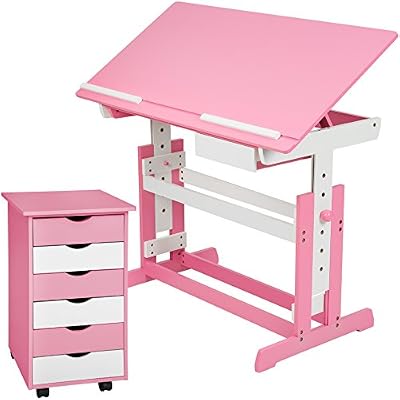 TecTake Bureau enfant hauteur réglable inclinable 109x55cm avec commode caisson à roulettes - rose