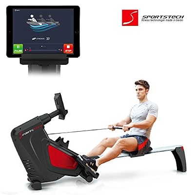 Sportstech Rameur RSX500 ergomètre air + freins magnétiques, ceinture cardio optionnelle, poids d’inertie 7 kg, applications fitness, 16 programmes d’entraînement, mode de compétition, pliable