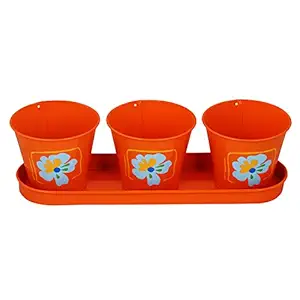 Wonderland Round Herb Set of Three Planter, planters, Pot, pots Set with Tray in Orange and Floral Design for Garden Decor, Home Decoration, Gift, Table Decoration, Pen Stand