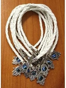 Body-soul-n-spiritLot of 10 - "Lucky" HAMSA Kabbalah Bracelets with WHITE Braided String and Rotating Evil Eye Hamsa Hand - Jewish Judaica Amulet Pendant Jewelry for "Success and Protection"