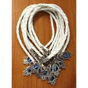 Body-soul-n-spiritLot of 10 - "Lucky" HAMSA Kabbalah Bracelets with WHITE Braided String and Rotating Evil Eye Hamsa Hand - Jewish Judaica Amulet Pendant Jewelry for "Success and Protection"
