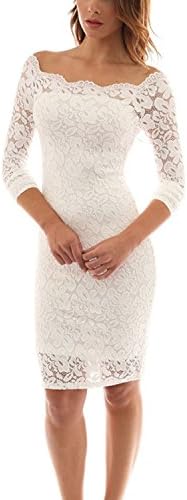 QBQ Women's 3/4 Sleeve Women's Off Shoulder Twin Set Floral Lace Bodycon Dresses (White, Tag Size M (UK10 - 12))