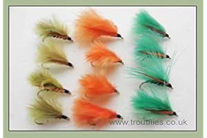 TROUTFLIES UK LURES Cormorant Trout Flies, 12 Pack, Orange, Olive & Green, Size 12, Mini Lures