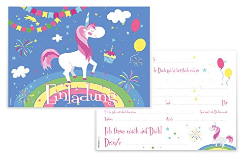 12 Einladungskarten „Einhorn auf Regenbogen“ Kindergeburtstag Luftballons Girlanden Sterne / Geburtstagseinladungen Einladungen Geburtstag Kinder Jungen Mädchen Einladungstext Vorlagen Karten Set - 6