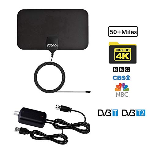 Antenna Interna TV, EULOCA 80 KM HDTV Antenna con Amplificatore di Segnale Rimovibile e 3 Metri di Cavo Coassiale per DTT DVB-T / DVB-T 2, Antenna HDTV Super Sottile VHF/UHF/FM