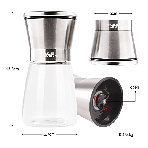 YaFex Modern Salz und Pfeffermühle Set, Einstellbares Keramikmahlwerk und Glasgehäuse – Gebürsteter Edelstahl Mühle für Pfeffer, Salz, Fenche(Zwei Flaschen) - 3