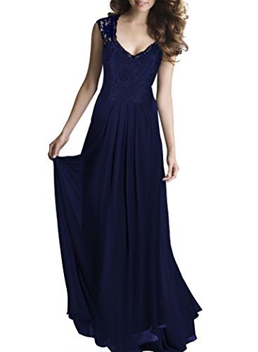 Femme Robe Mousseline Longue Sans Manche Robe Demoiselle d'honneur Col en V Profond Elégante Vintage Casual Maxi Robe Longue Soirée Dentelle Grande Taille - XX-Large - Bleu